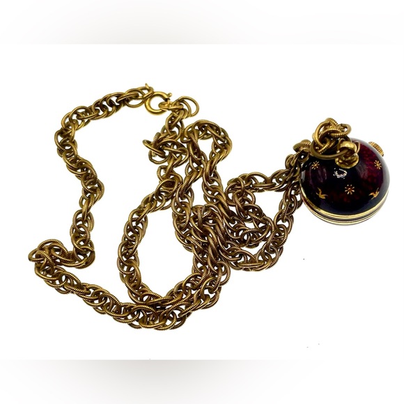 Vintage 1960s Signed Jean Perret Gold Tone Red Enamel Orb Necklace Watch Working - Picture 8 of 14